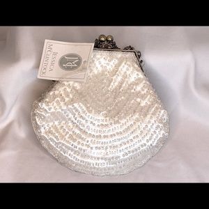 White Beaded Satin Clutch purse by Jessica McClintock